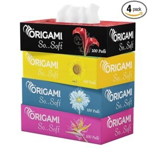 Origami 2 Ply Facial Tissue Box | Car Tissue - Pack of 4 (100 Pulls Per Box, 400 Sheets (800 sheets)